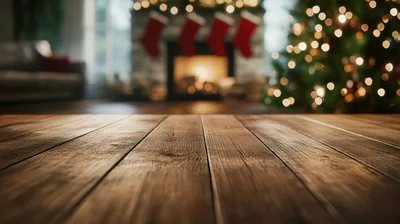Empty Wooden Table In A Cozy Christmas Living Room
