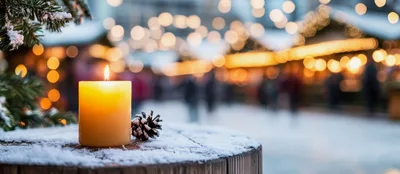 Lit Candle And Pinecone On Snowy Surface At Christmas Market