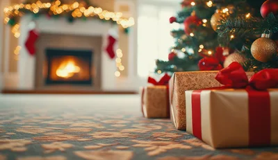 Christmas Tree With Wrapped Gifts Near A Cozy Fireplace