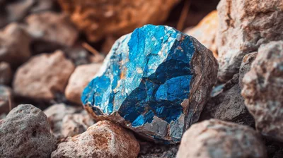 Vibrant Blue Mineral Rock Resting On Rocky Ground