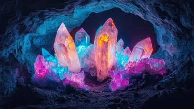 Glowing Crystalline Formations Inside A Dark Cave