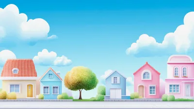 Cartoon Neighborhood Street With Colorful Houses And Trees