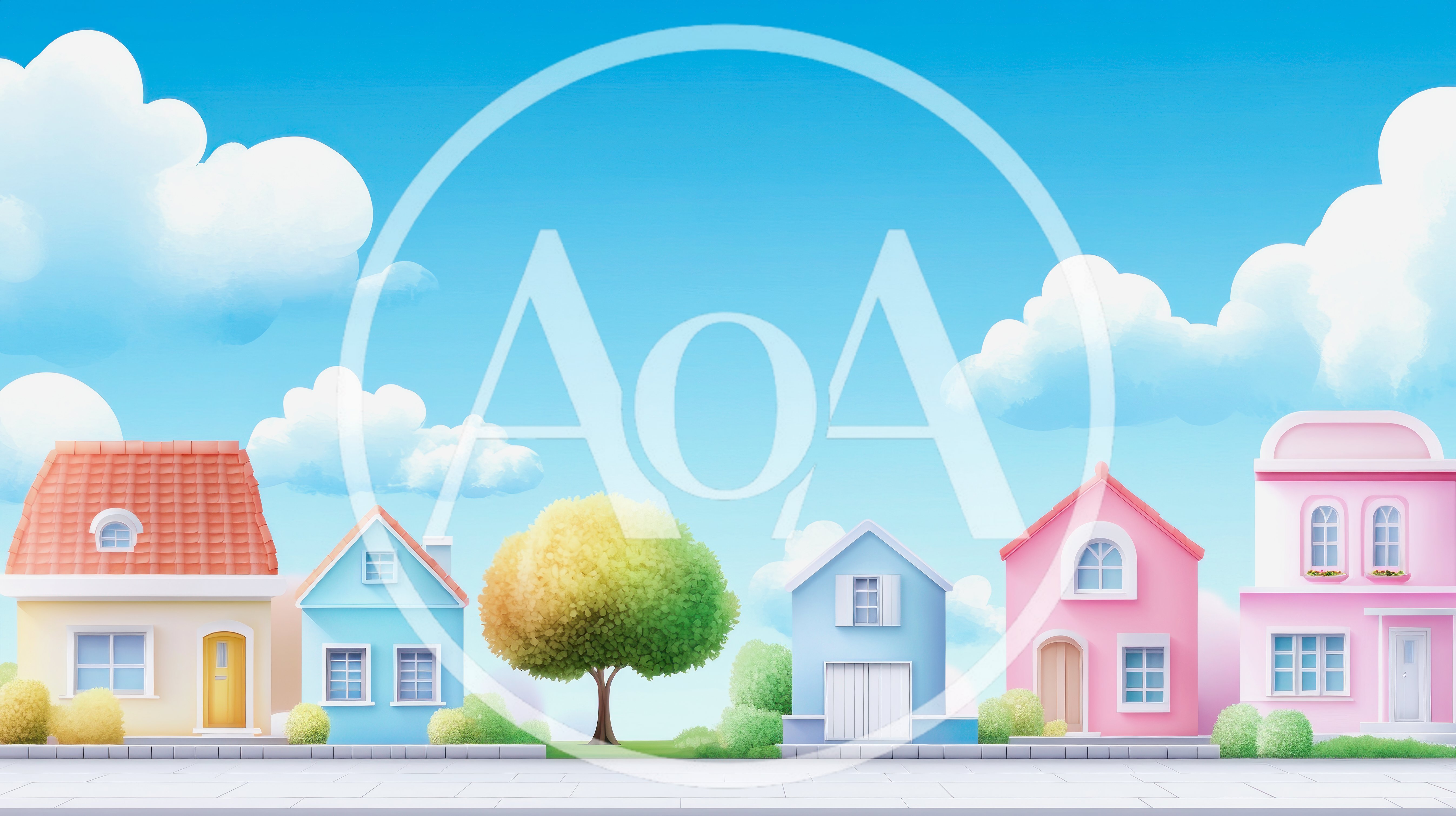 Cartoon Neighborhood Street With Colorful Houses And Trees