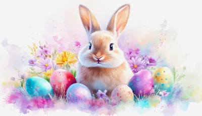 Watercolor Easter Bunny Surrounded By Colorful Decorated Eggs