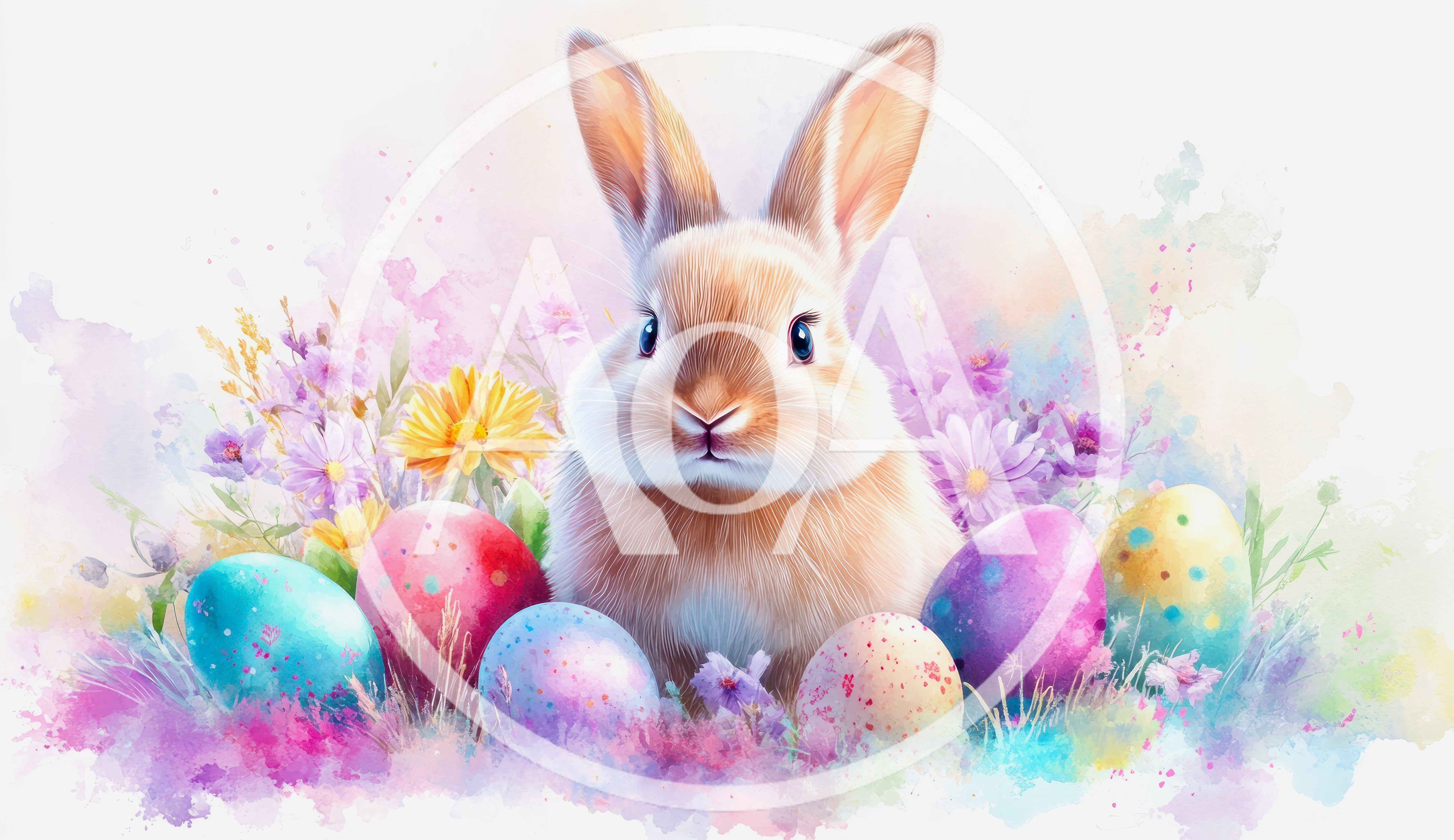 Watercolor Easter Bunny Surrounded By Colorful Decorated Eggs
