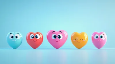 Five Cute Cartoon Hearts With Faces In A Row