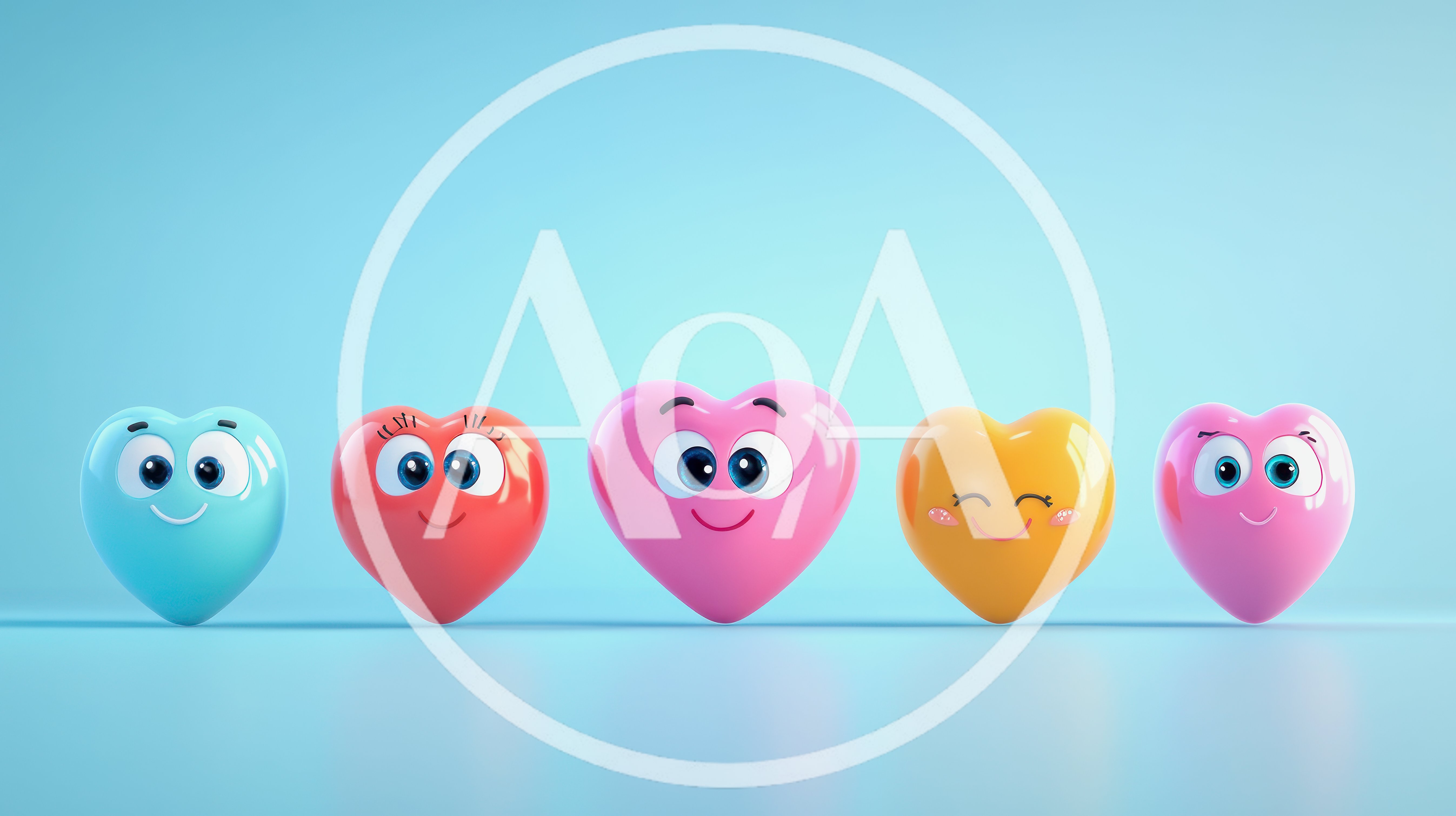 Five Cute Cartoon Hearts With Faces In A Row