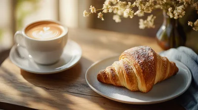 Fresh Croissant And Latte On A Wooden Table