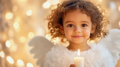 Little Girl Dressed As An Angel Holding A Candle