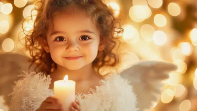 Little Girl Dressed As An Angel Holding A Candle