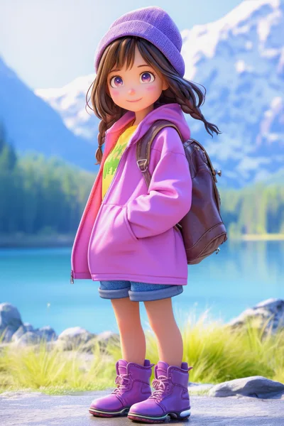 Cute Anime Style Girl Standing By A Mountain Lake
