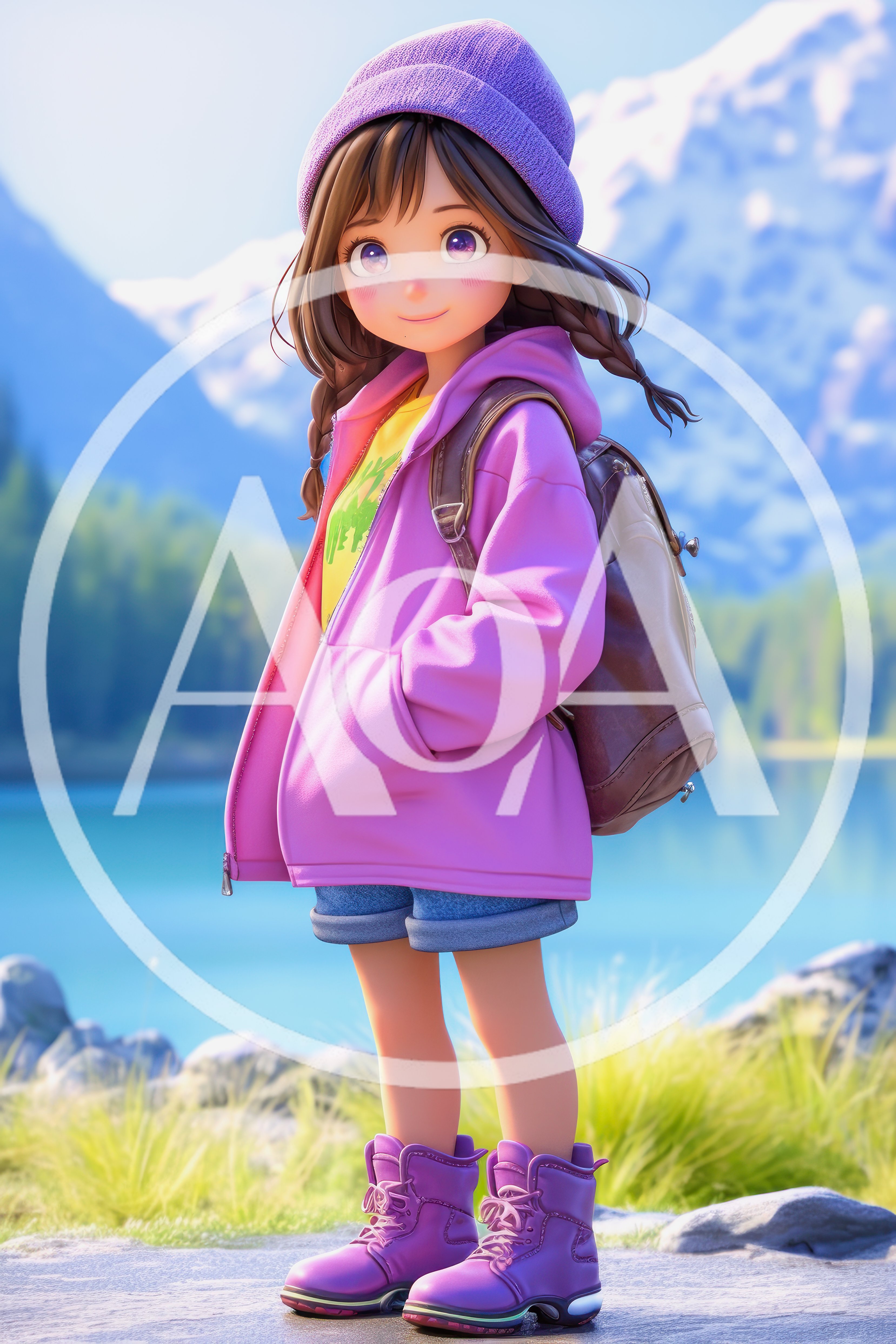 Cute Anime Style Girl Standing By A Mountain Lake