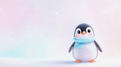Cute Cartoon Penguin Wearing A Blue Scarf