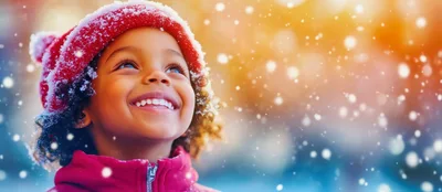 Happy Young Girl Looking Up at Falling Snow