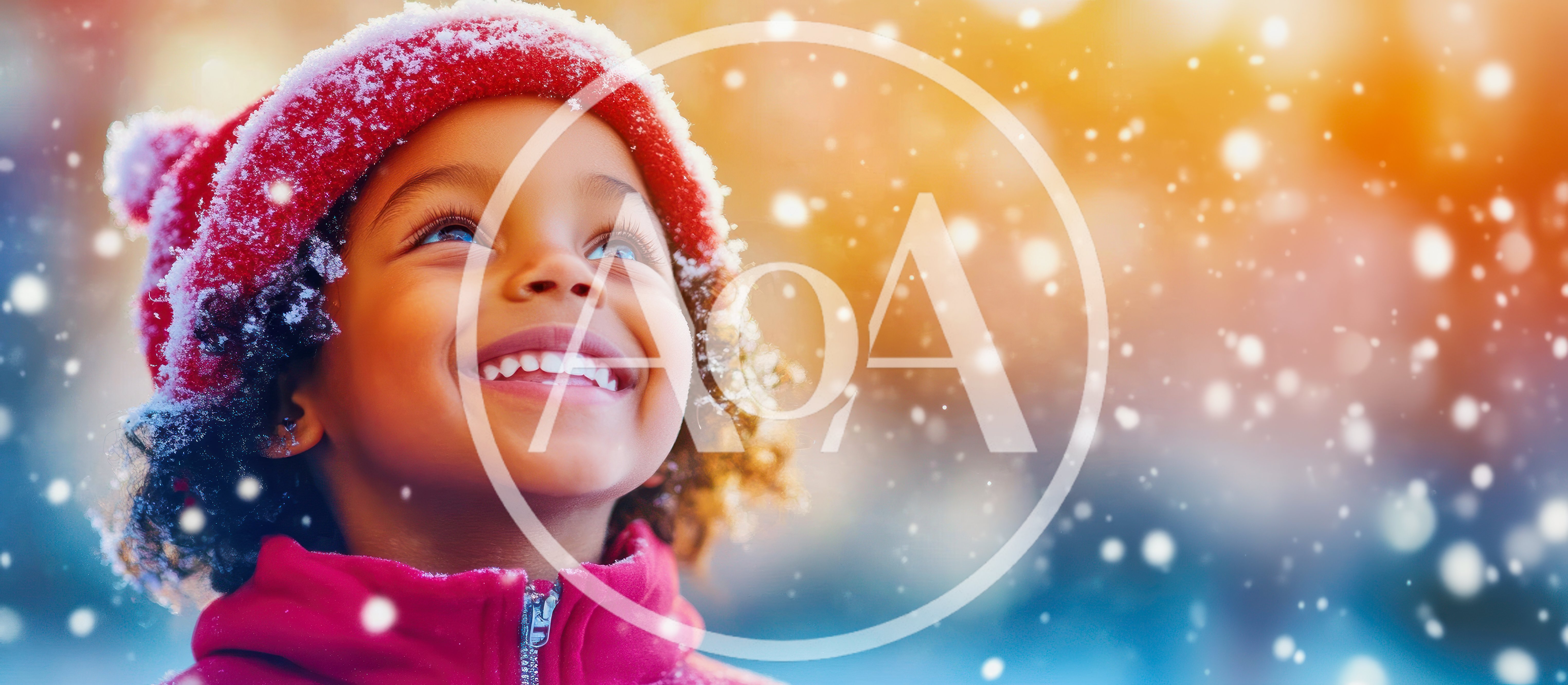 Happy Young Girl Looking Up at Falling Snow