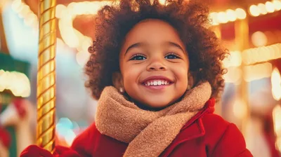 Happy Young Girl Riding A Carousel At Night