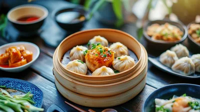 Steamed Dumplings Served In Bamboo Steamer Basket