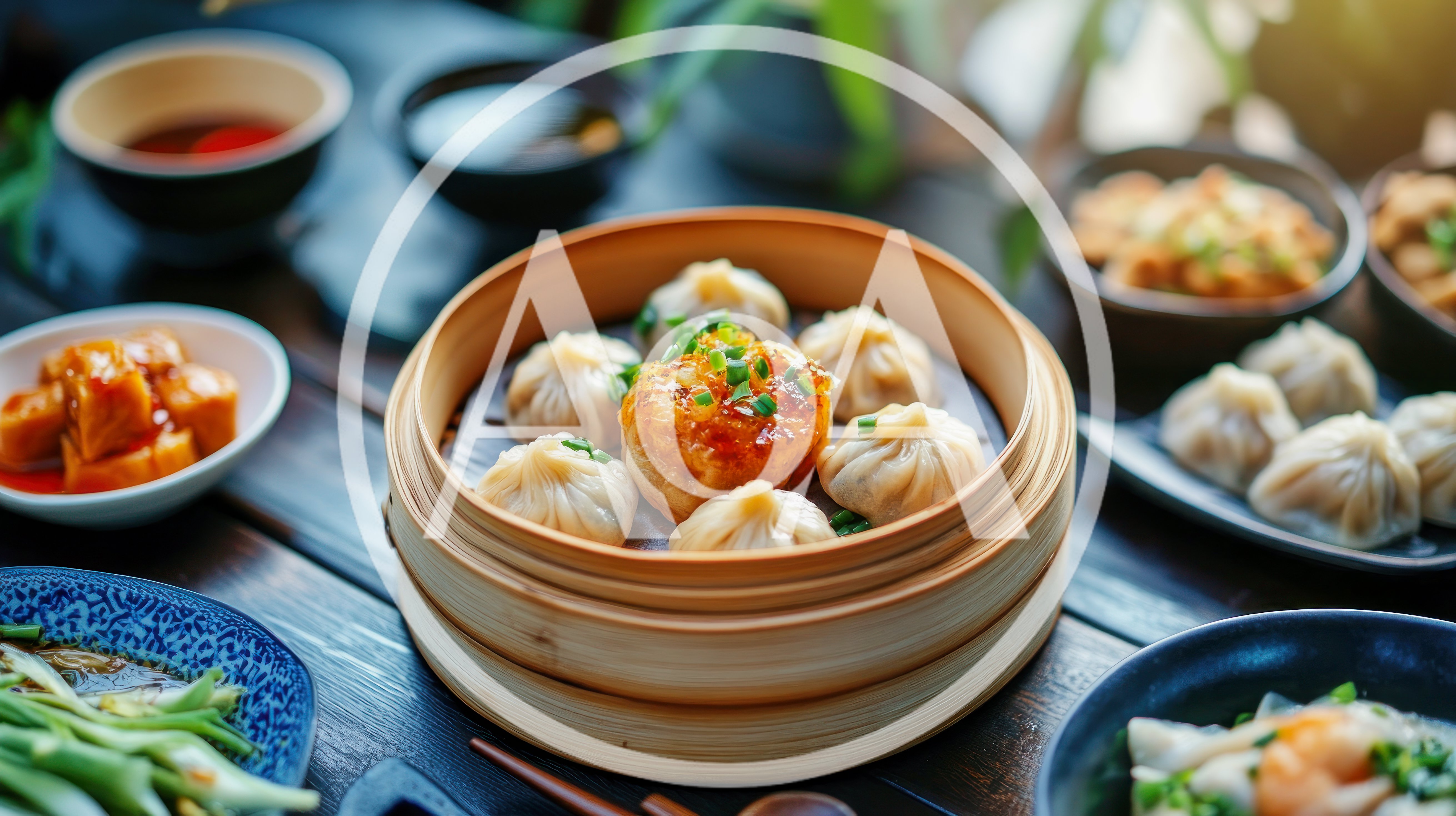 Steamed Dumplings Served In Bamboo Steamer Basket