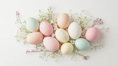 Pastel Easter Eggs Arranged With White Flowers