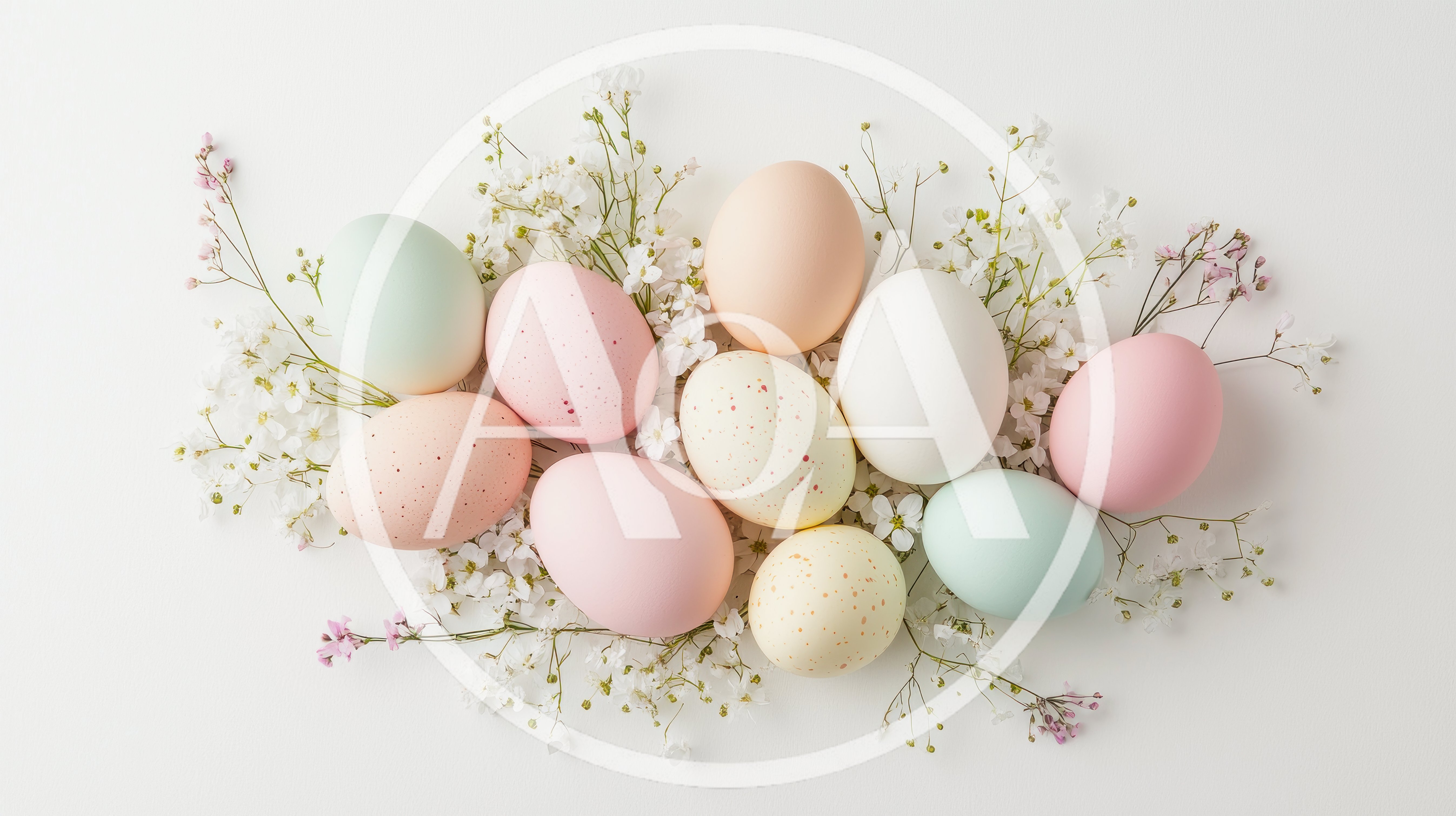 Pastel Easter Eggs Arranged With White Flowers