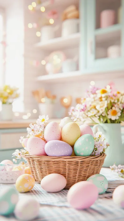 Easter Basket With Pastel Eggs On Kitchen Table