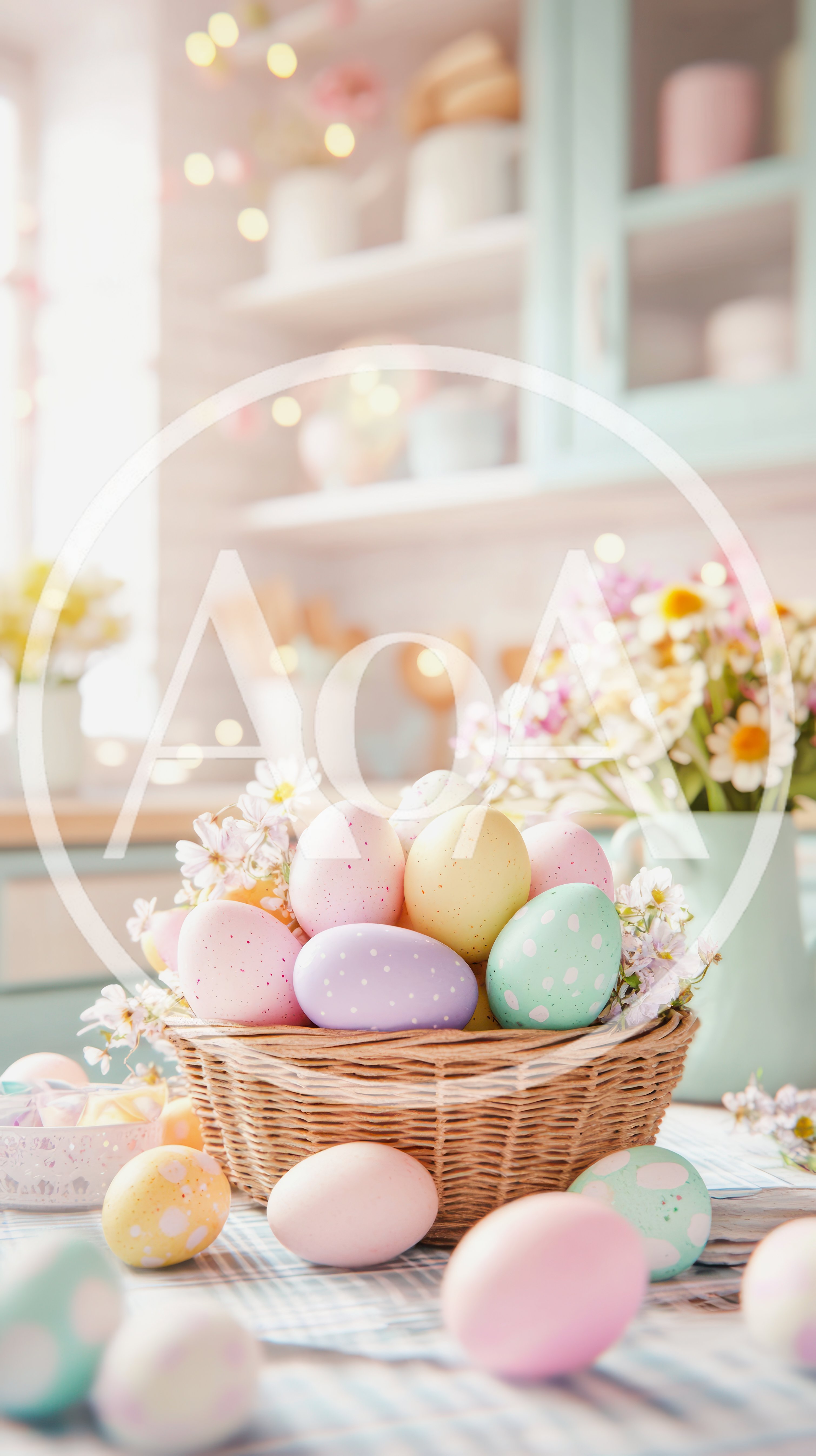 Easter Basket With Pastel Eggs On Kitchen Table