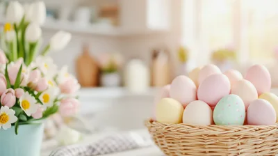 Easter Eggs In A Wicker Basket With Spring Flowers
