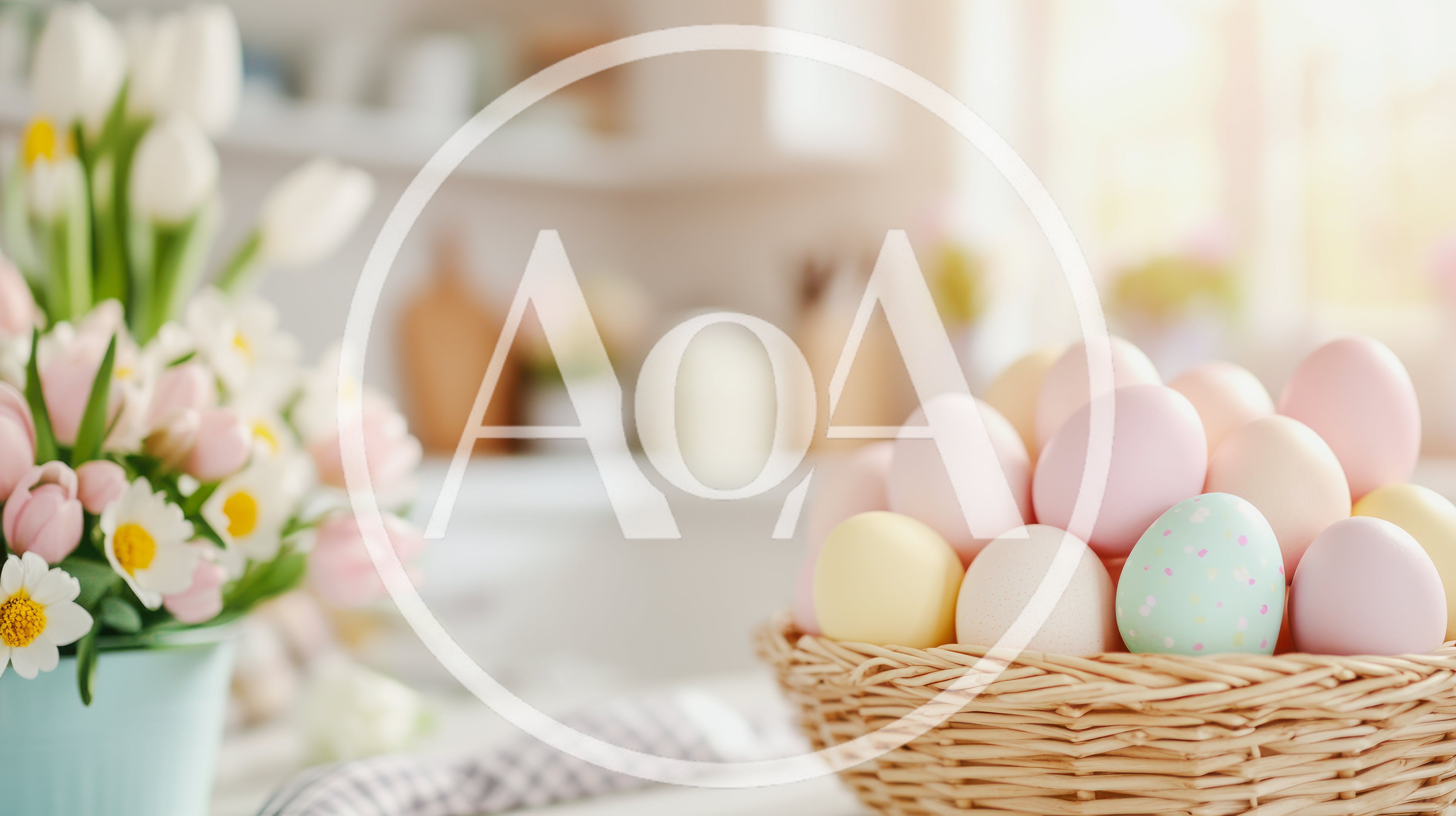 Easter Eggs In A Wicker Basket With Spring Flowers
