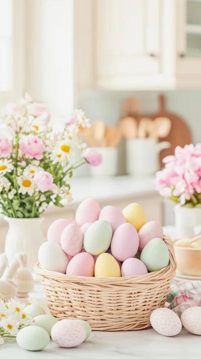 Easter Basket With Pastel Eggs On Kitchen Counter