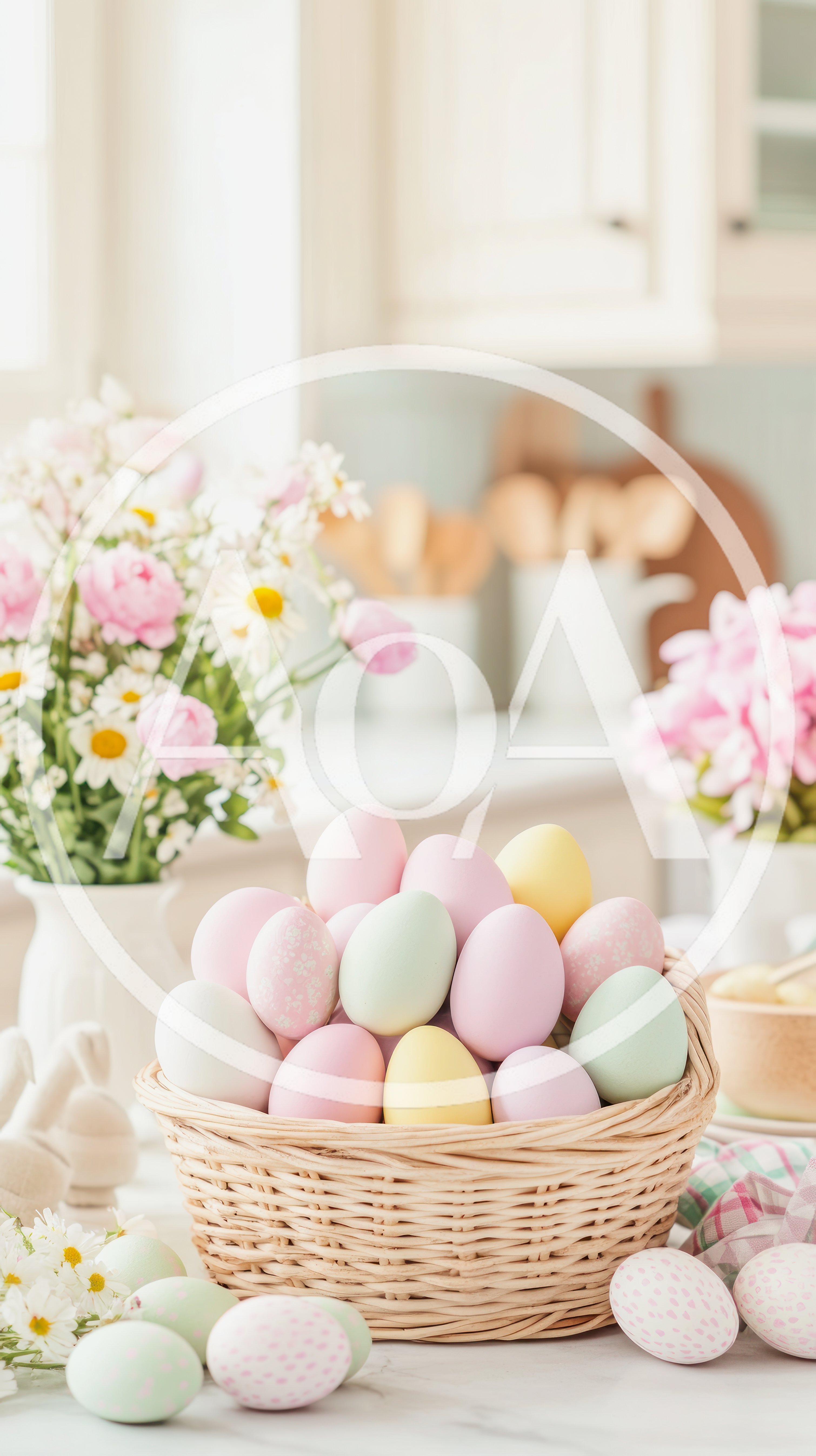 Easter Basket With Pastel Eggs On Kitchen Counter