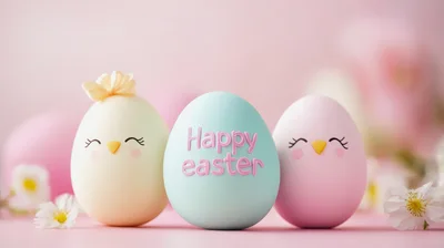 Three Decorative Easter Eggs With Chick Faces And Text