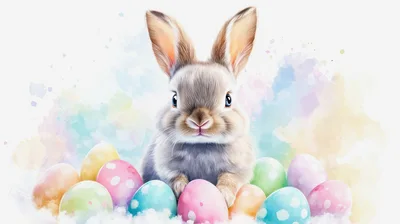 Cute Easter Bunny Sitting Among Colorful Painted Eggs