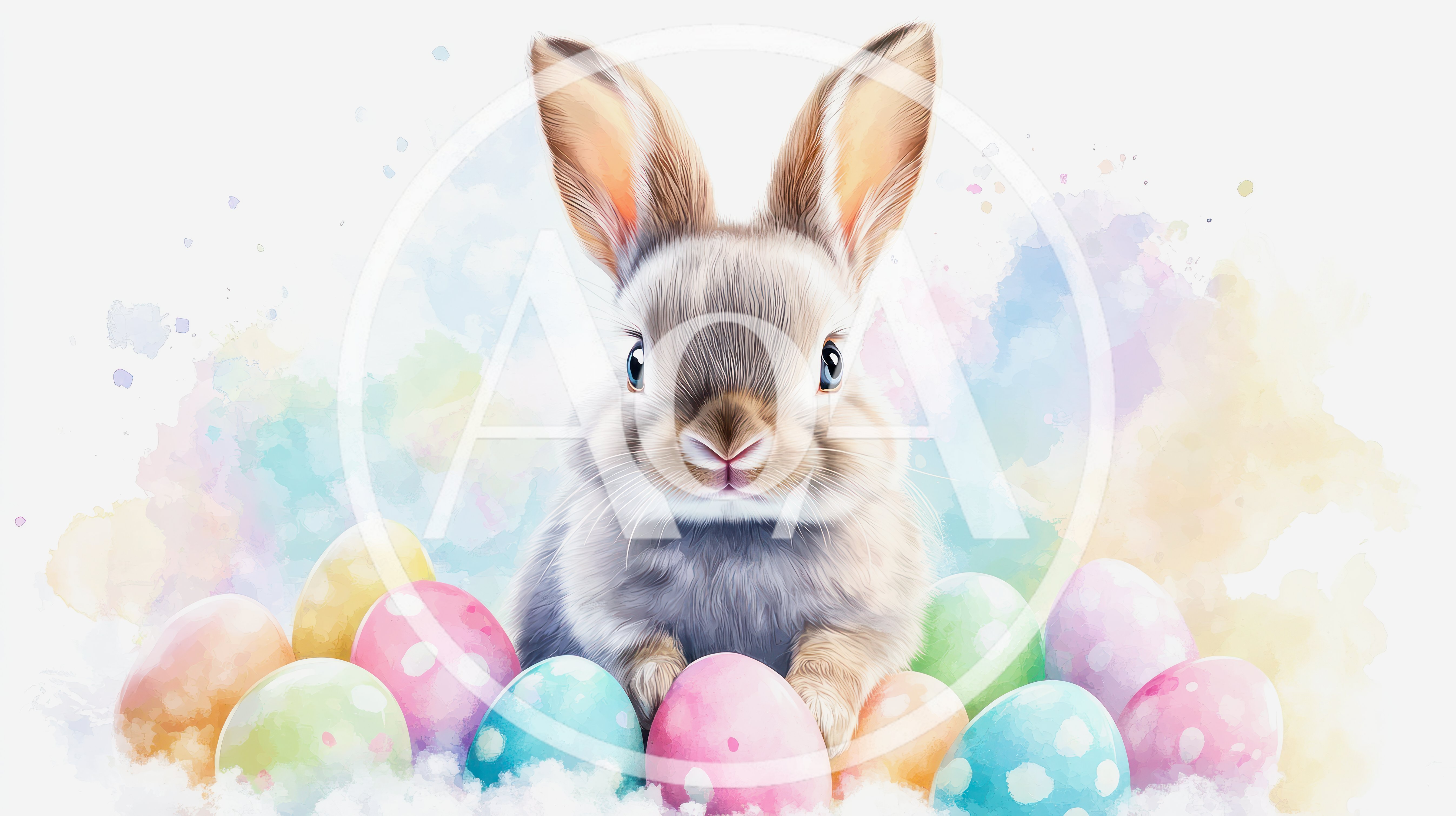 Cute Easter Bunny Sitting Among Colorful Painted Eggs