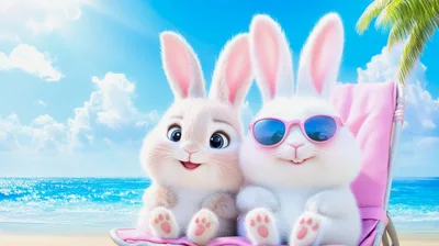 Two Cute Cartoon Rabbits Relaxing On A Beach Chair