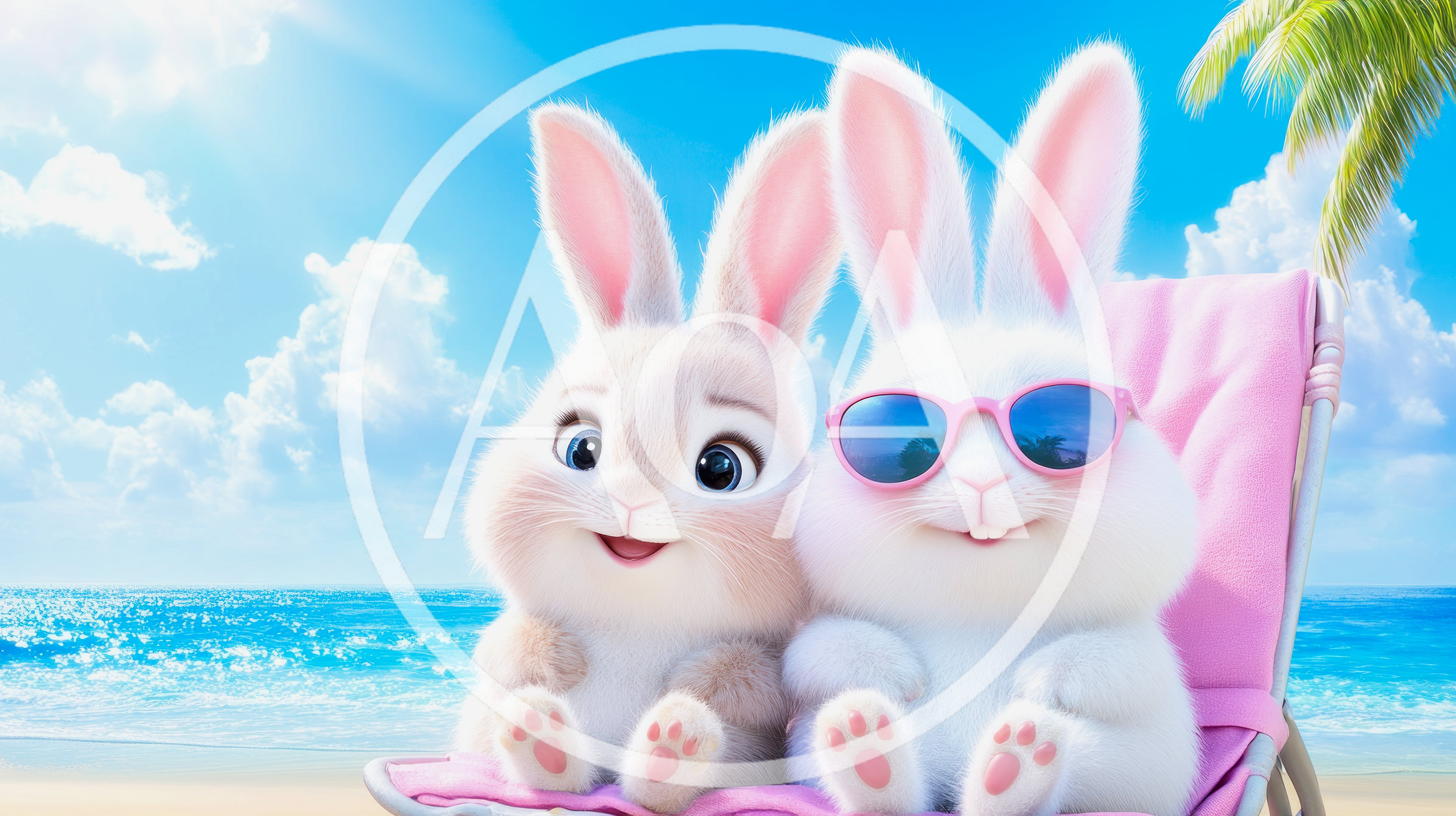 Two Cute Cartoon Rabbits Relaxing On A Beach Chair
