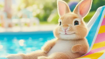 Cute Cartoon Bunny Relaxing On A Poolside Lounge Chair