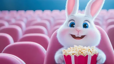 Cute White Bunny Eating Popcorn In Movie Theater