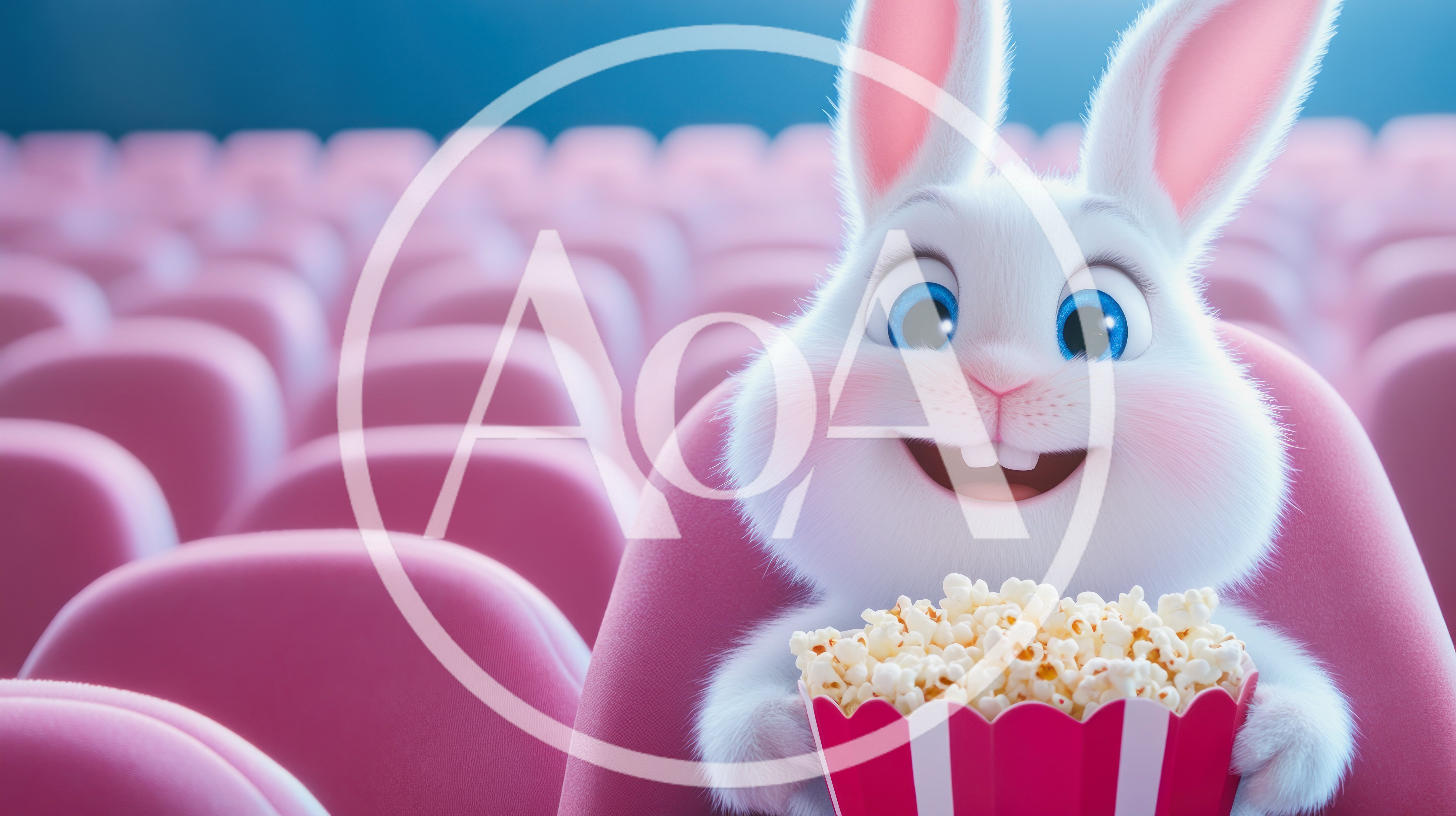 Cute White Bunny Eating Popcorn In Movie Theater