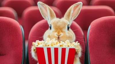 Cute Rabbit Eating Popcorn in a Movie Theater