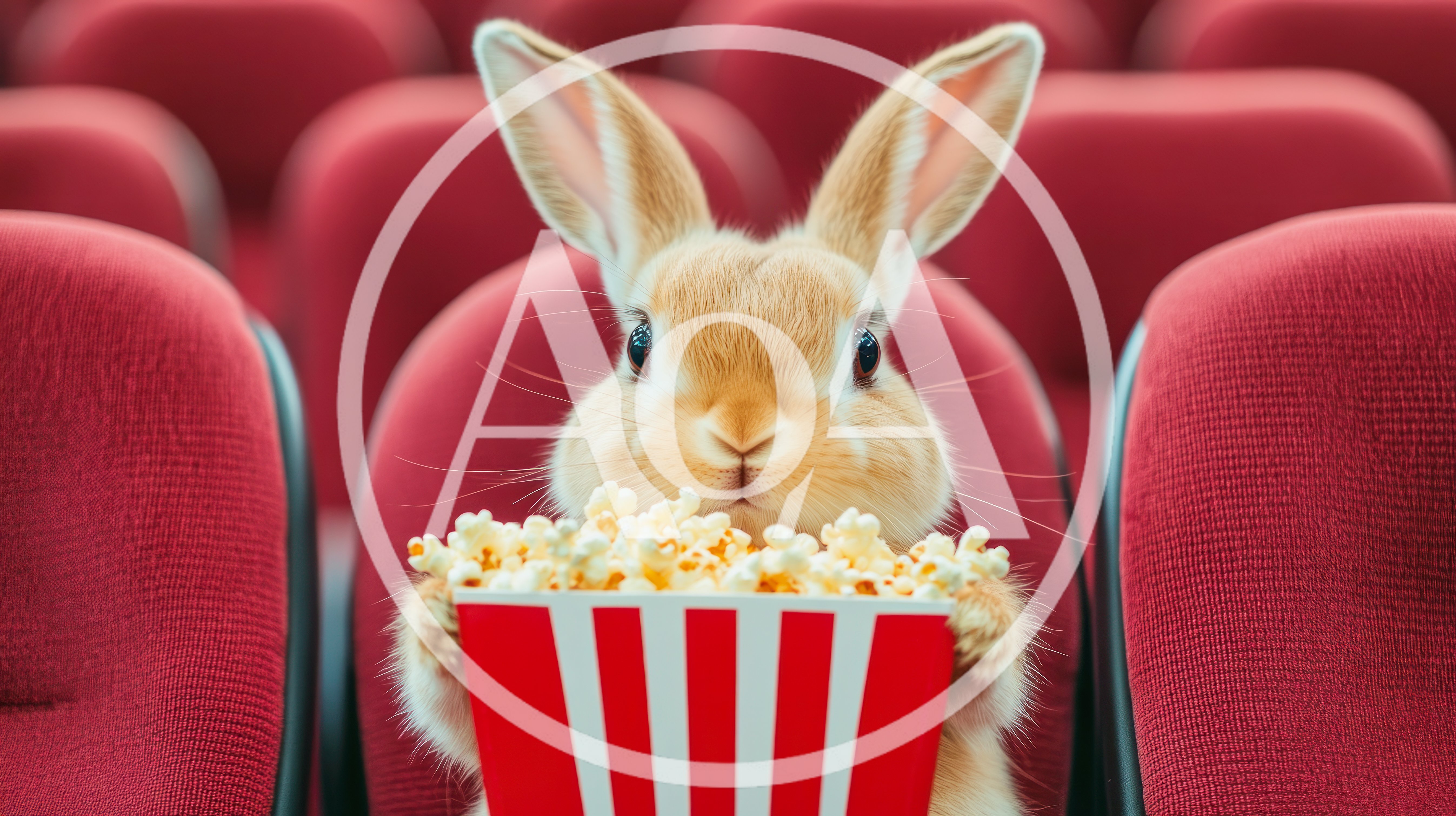 Cute Rabbit Eating Popcorn in a Movie Theater