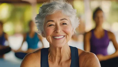 Smiling Senior Woman Practicing Yoga In A Studio