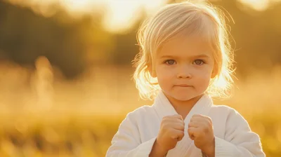 Young Child Wearing Karate Gi in Golden Hour Sunlight