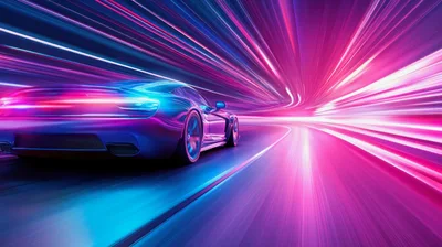 Sports Car Speeding Through Neon Light Tunnel