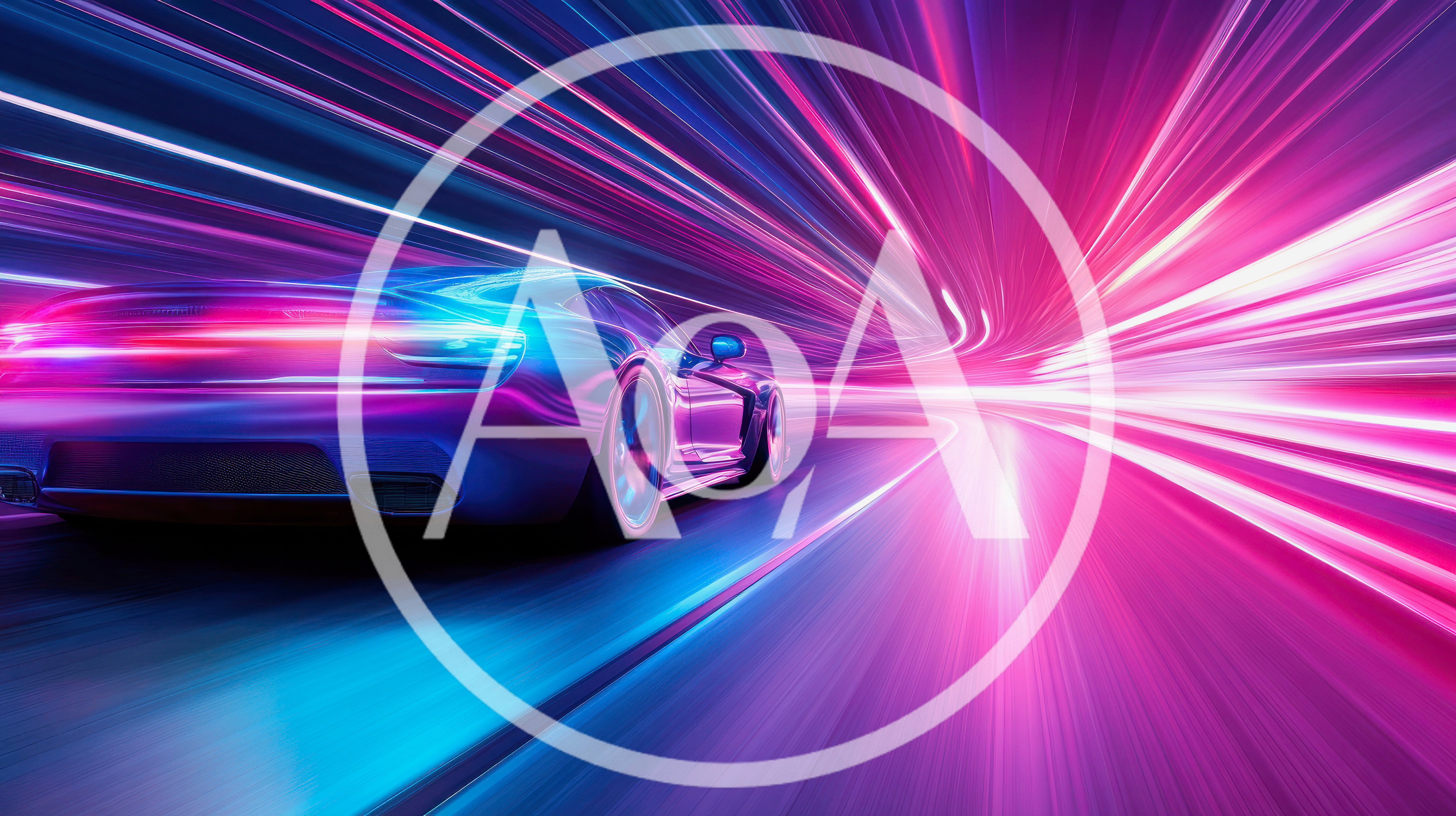 Sports Car Speeding Through Neon Light Tunnel