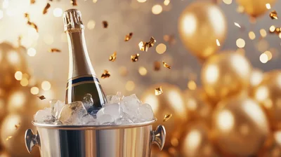 Champagne Bottle In Ice Bucket With Golden Balloons