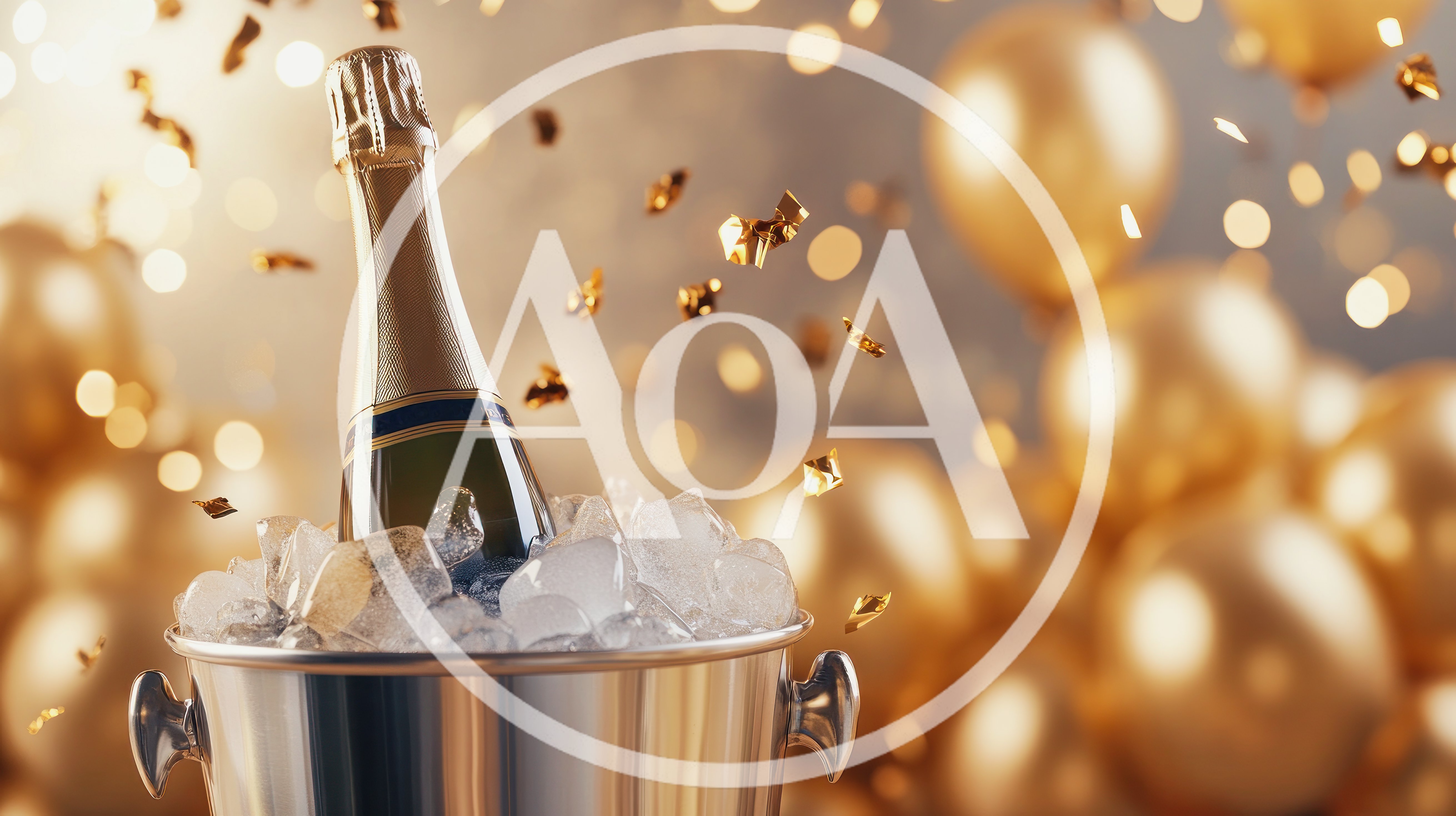 Champagne Bottle In Ice Bucket With Golden Balloons