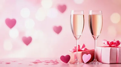 Two Champagne Flutes With Gift Boxes And Hearts