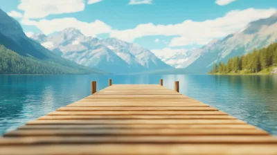 Wooden Pier Extending Into A Serene Mountain Lake