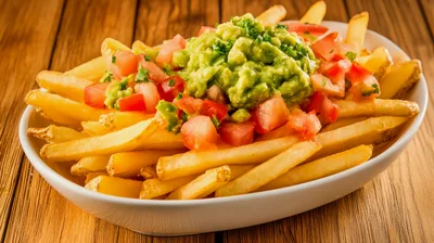 Bowl Of Loaded Guacamole Fries With Diced Tomatoes