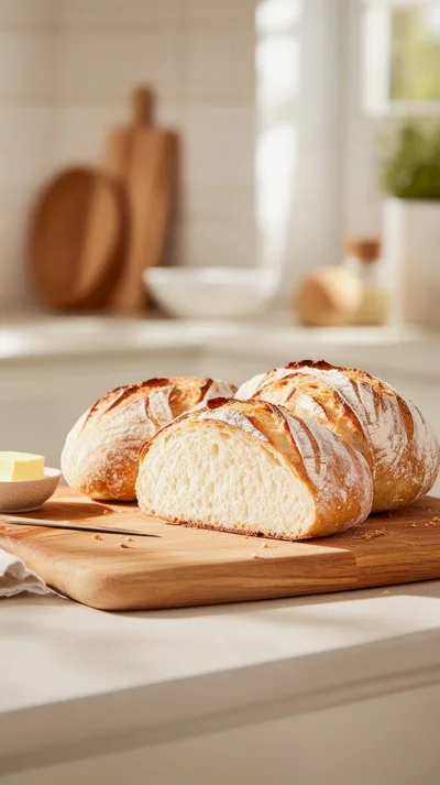 Freshly Baked Sourdough Bread Loaves on Wooden Board